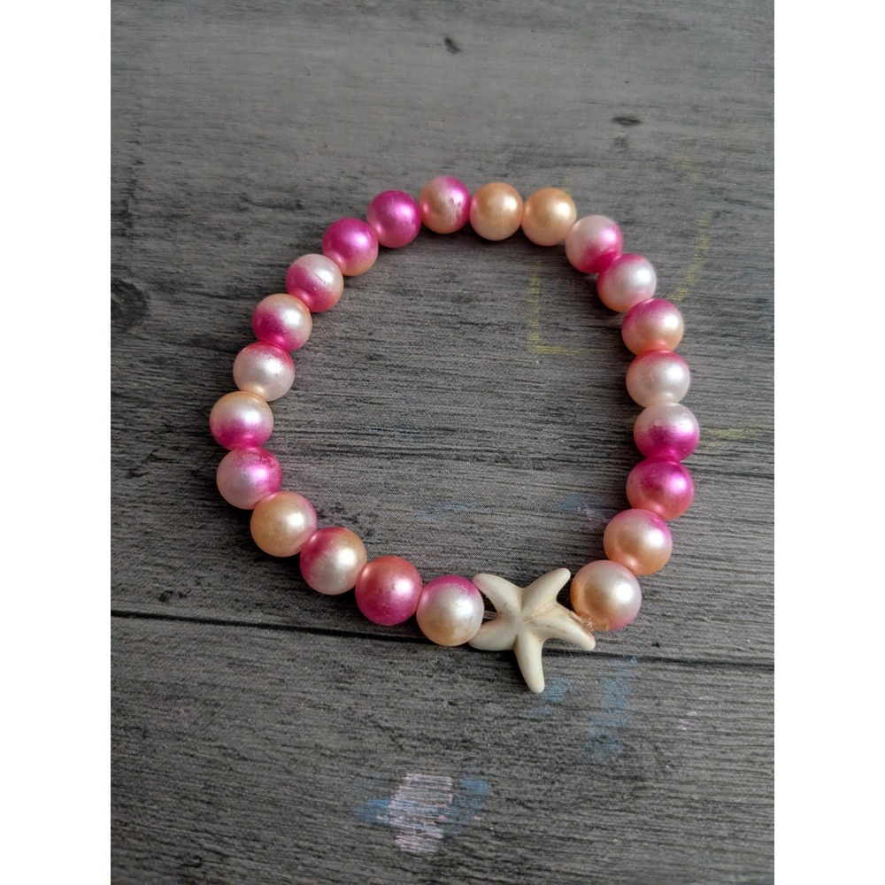 Pink Ombre Pearl Beaded Stretch Bracelet with Starfish Charm Coastal Beachy